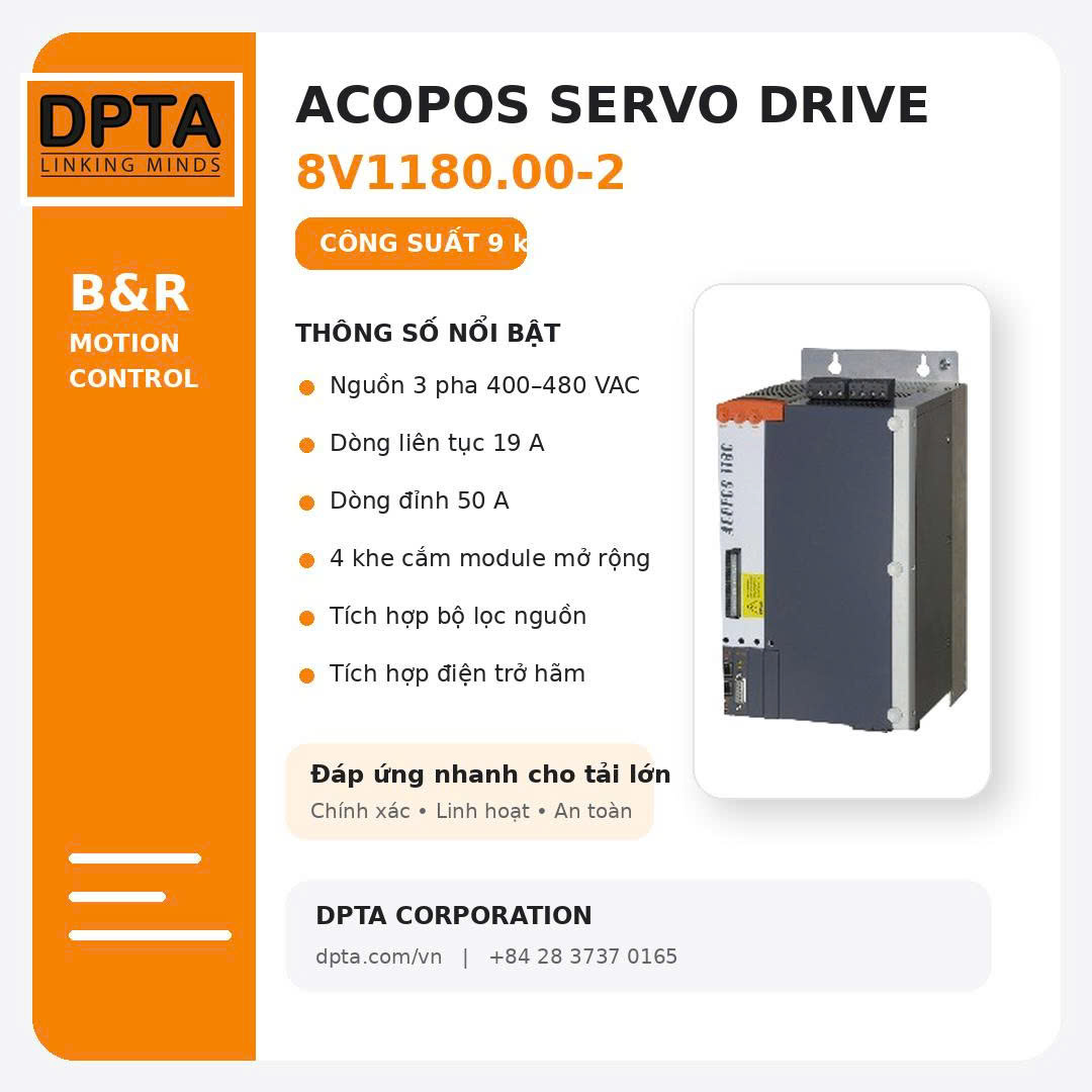 B&R ACOPOS 8V1180.00-2 – SERVO DRIVE 9 kW, ĐÁP ỨNG NHANH CHO CÁC TRỤC TẢI LỚN